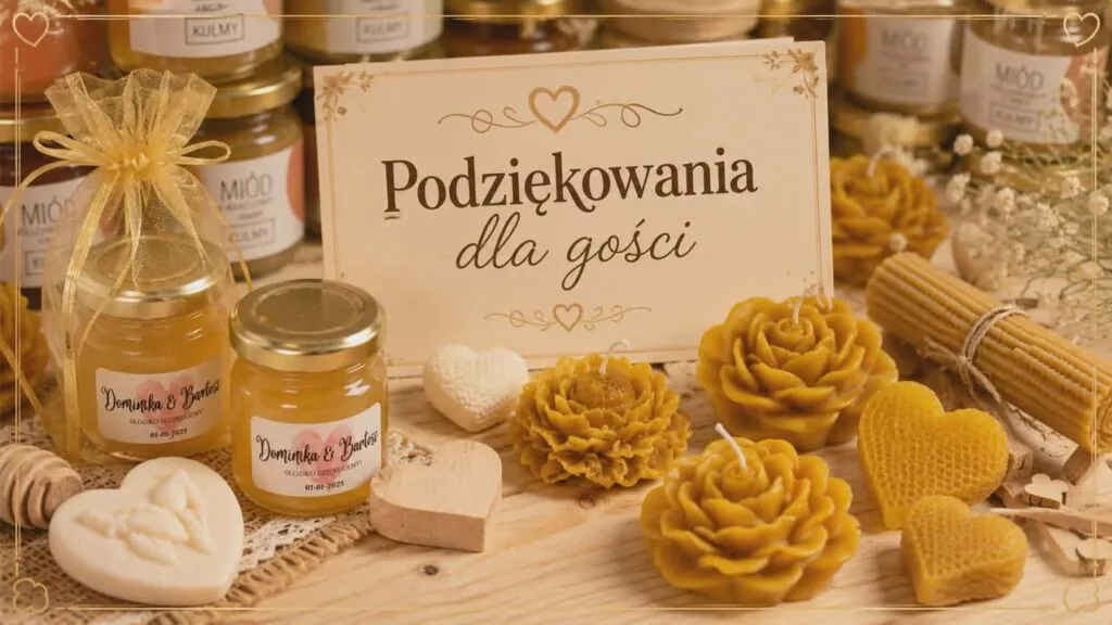 Podziękowania dla gości: miody, świece z wosku pszczelego i drobne upominki w ozdobnych opakowaniach.